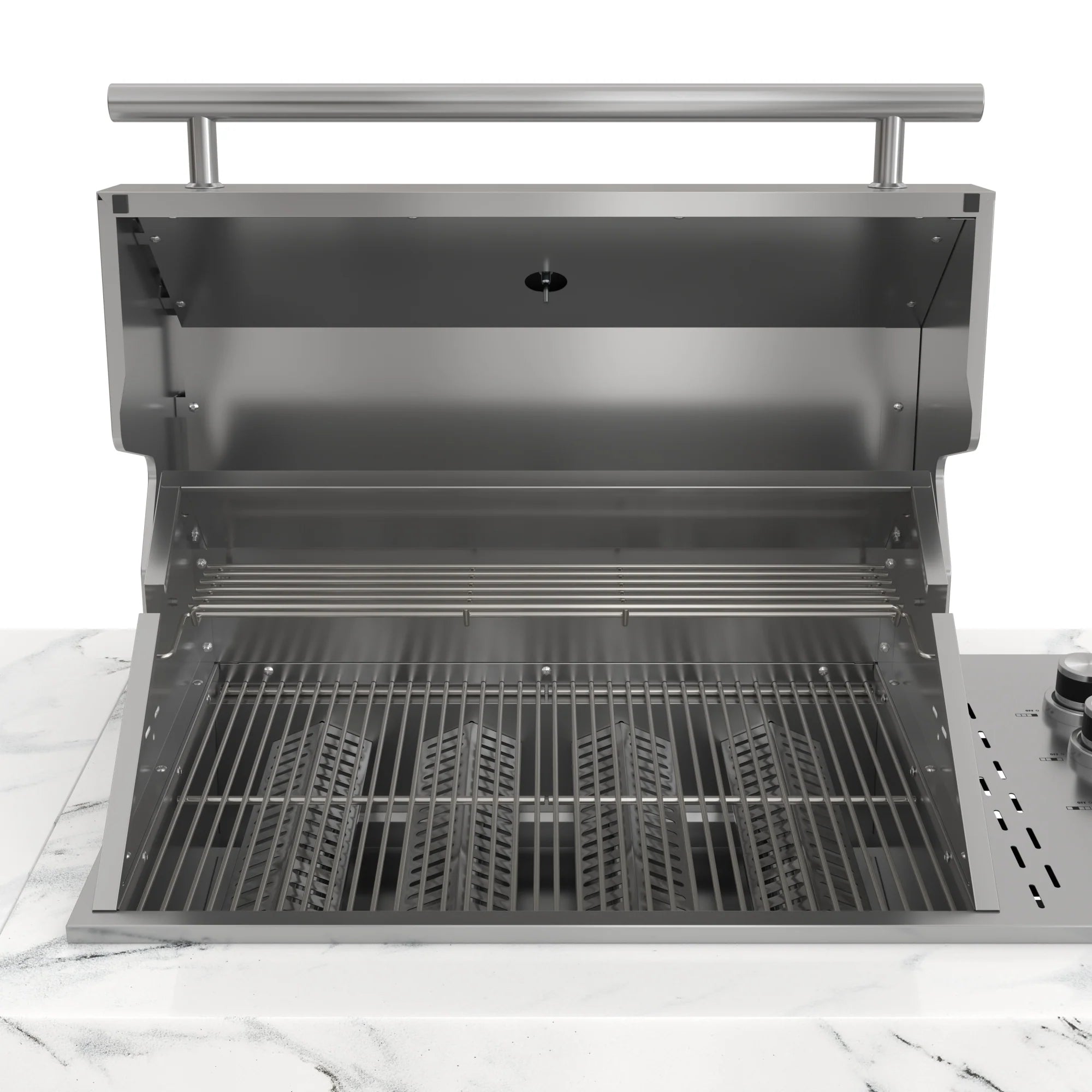 Outdoor Kitchen Suite with White Stone Counters and Sides, 4-Burner Grill, Stainless Steel Sink and Faucet, 83 In.