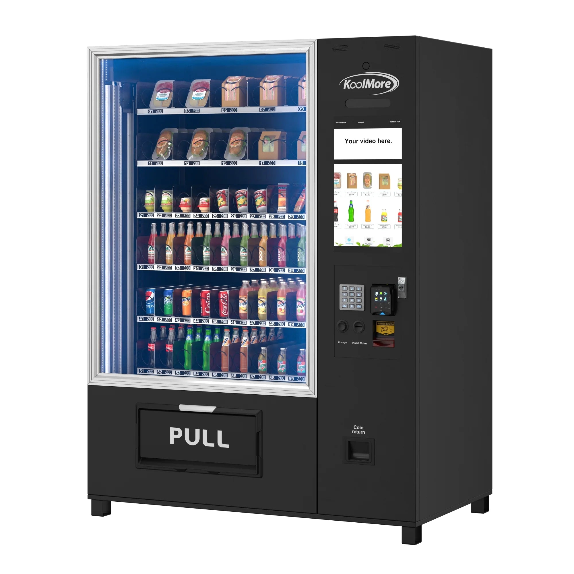 Snack Vending Machine with 21.5 Inch Touch Display, 66 Slots and Elevator-Lift Dispensing System, Refrigerated, Bill Acceptor and Credit Card Reader, Wifi and 4G Connectivity in Black