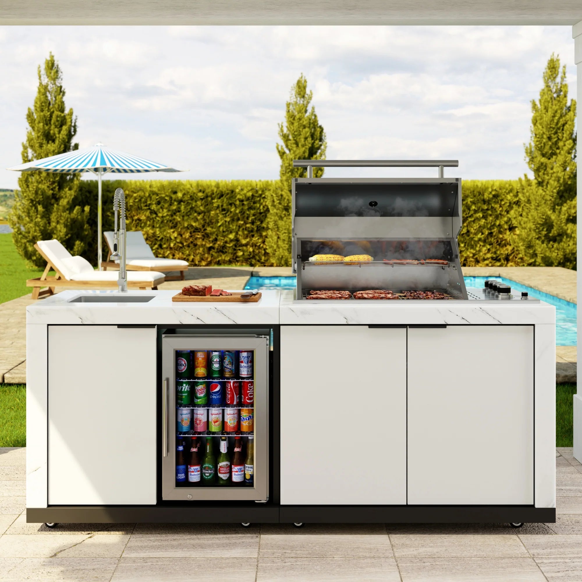 Outdoor Kitchen Suite with White Stone Counters and Sides, 4-Burner Grill, Stainless Steel Sink and Faucet, 83 In.