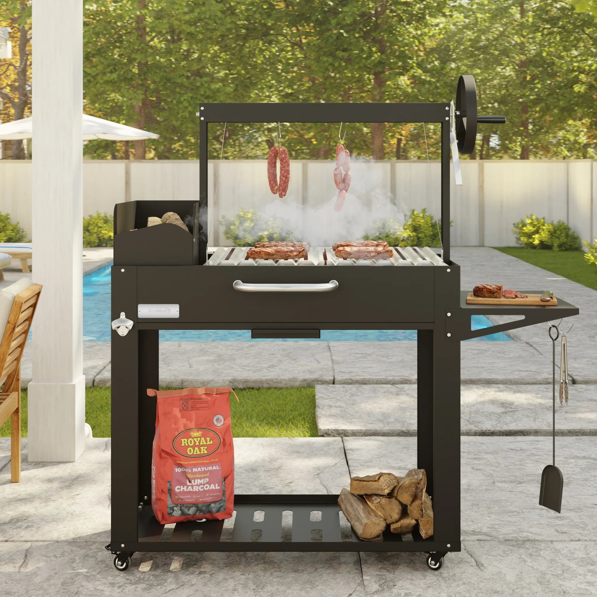 Argentine Charcoal Grill with Interchangeable V-Grates, Outdoor BBQ, in Black, 54 In.