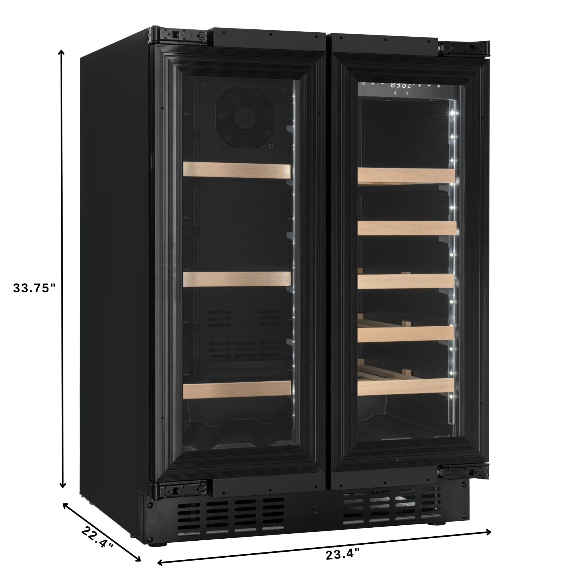 KoolMore Reserve 24 in. French Door Dual Zone Panel Ready Under-Counter Cooler with Wooden Shelves and 20 Bottle Capacity in the Right Zone and 2.1 Cu. Ft. on the Left in Black