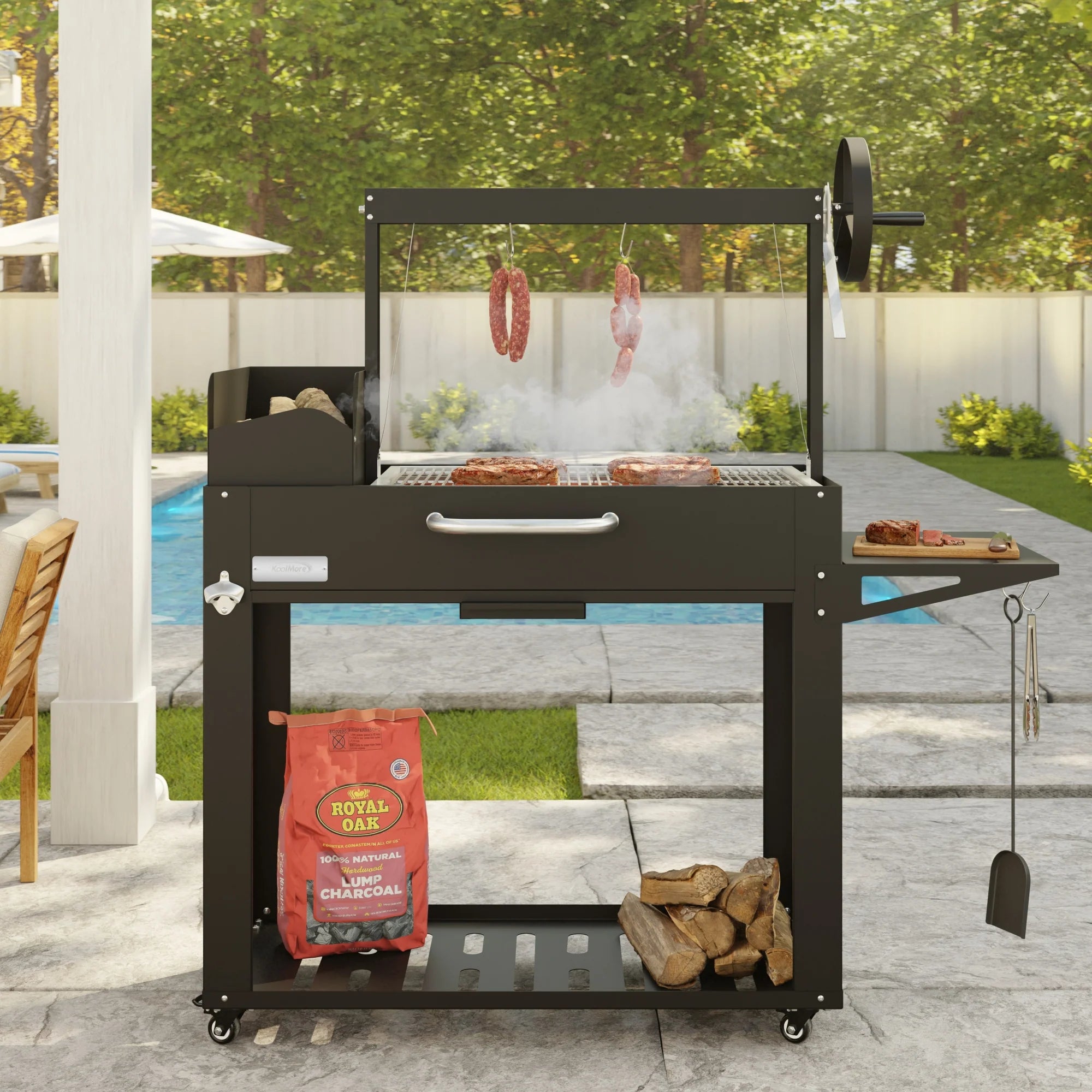 Argentine Charcoal Grill, Adjustable Grate Outdoor BBQ, in Black, 54 In.