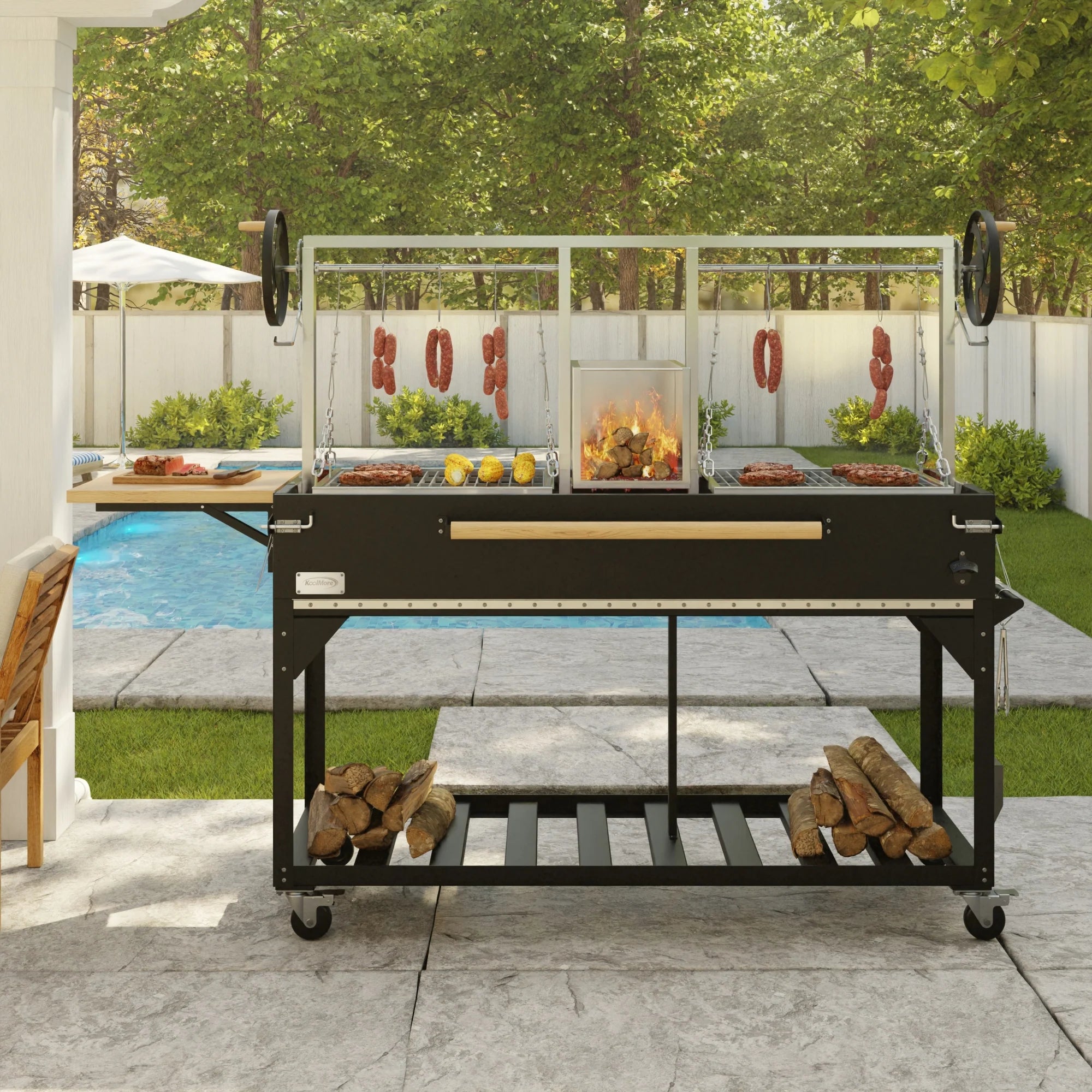 Argentine Santa Maria Charcoal and Wood Grill, Adjustable Outdoor BBQ, in Black, 92 In.