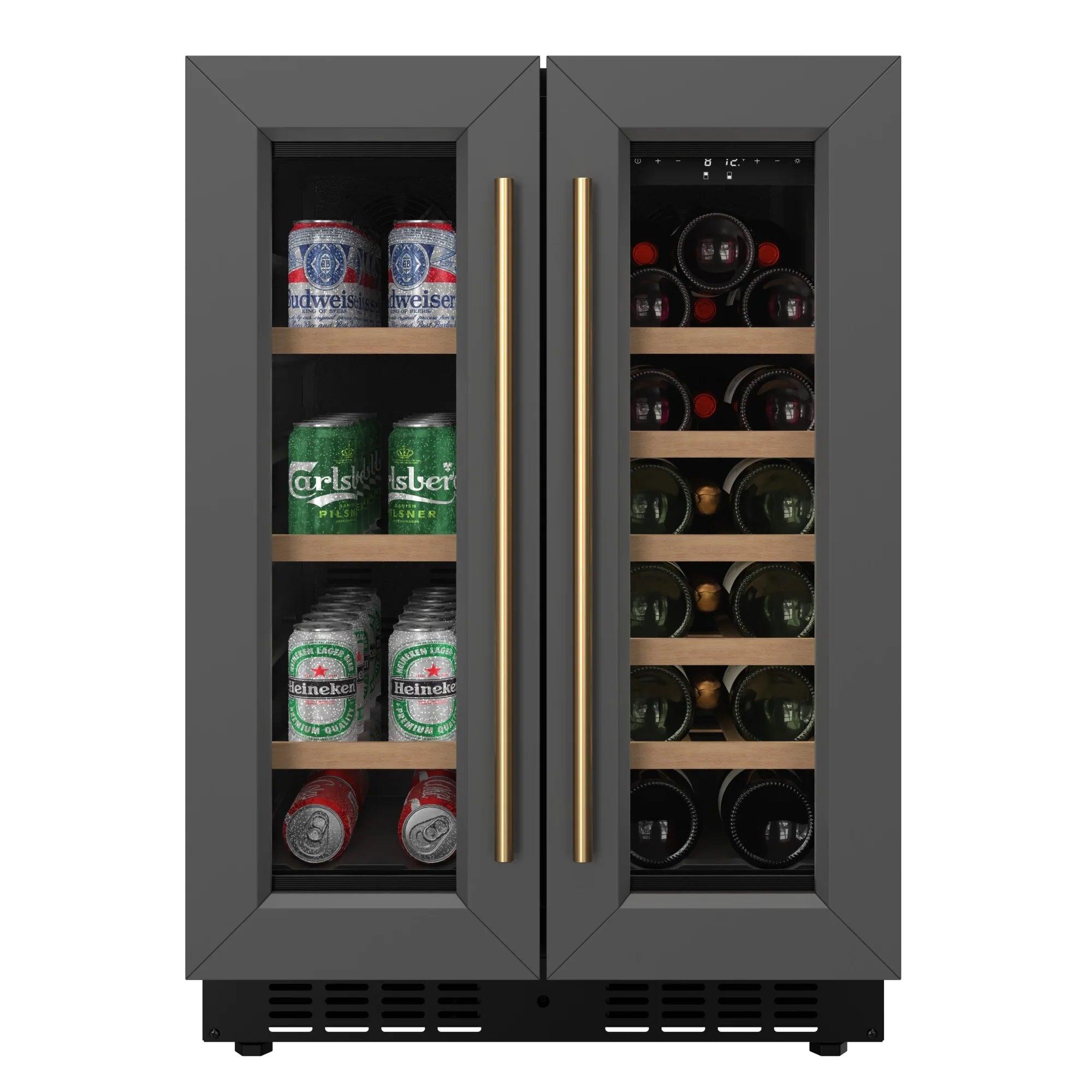 KoolMore Reserve 24 in. French Door Dual Zone Panel Ready Under-Counter Cooler with Wooden Shelves and 20 Bottle Capacity in the Right Zone and 2.1 Cu. Ft. on the Left in Black