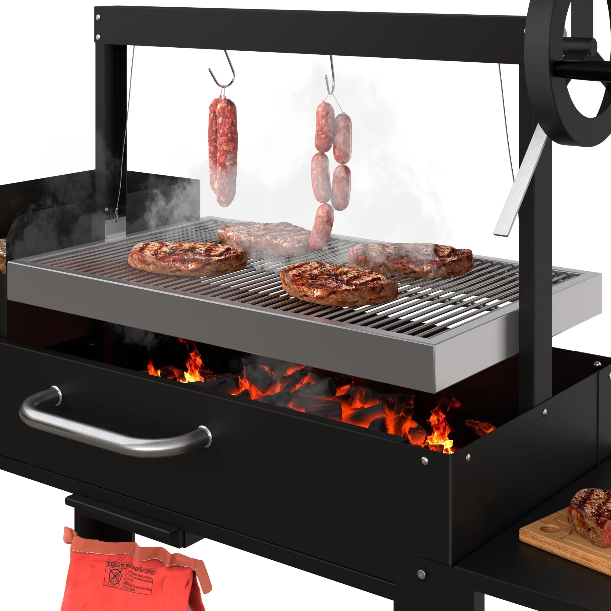 Argentine Charcoal Grill, Adjustable Grate Outdoor BBQ, in Black, 54 In.
