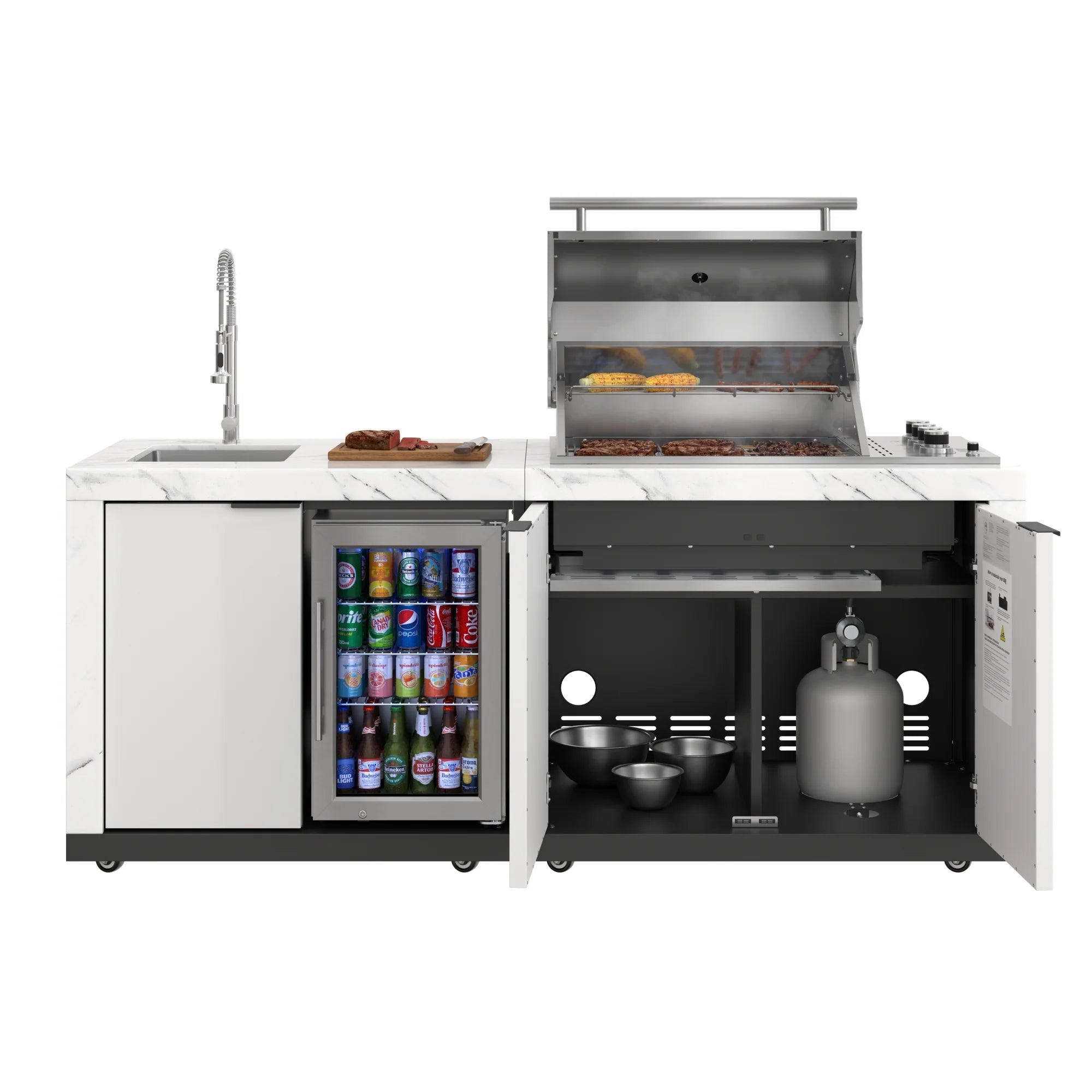 Outdoor Kitchen Suite with White Stone Counters and Sides, 4-Burner Grill, Stainless Steel Sink and Faucet, 83 In.