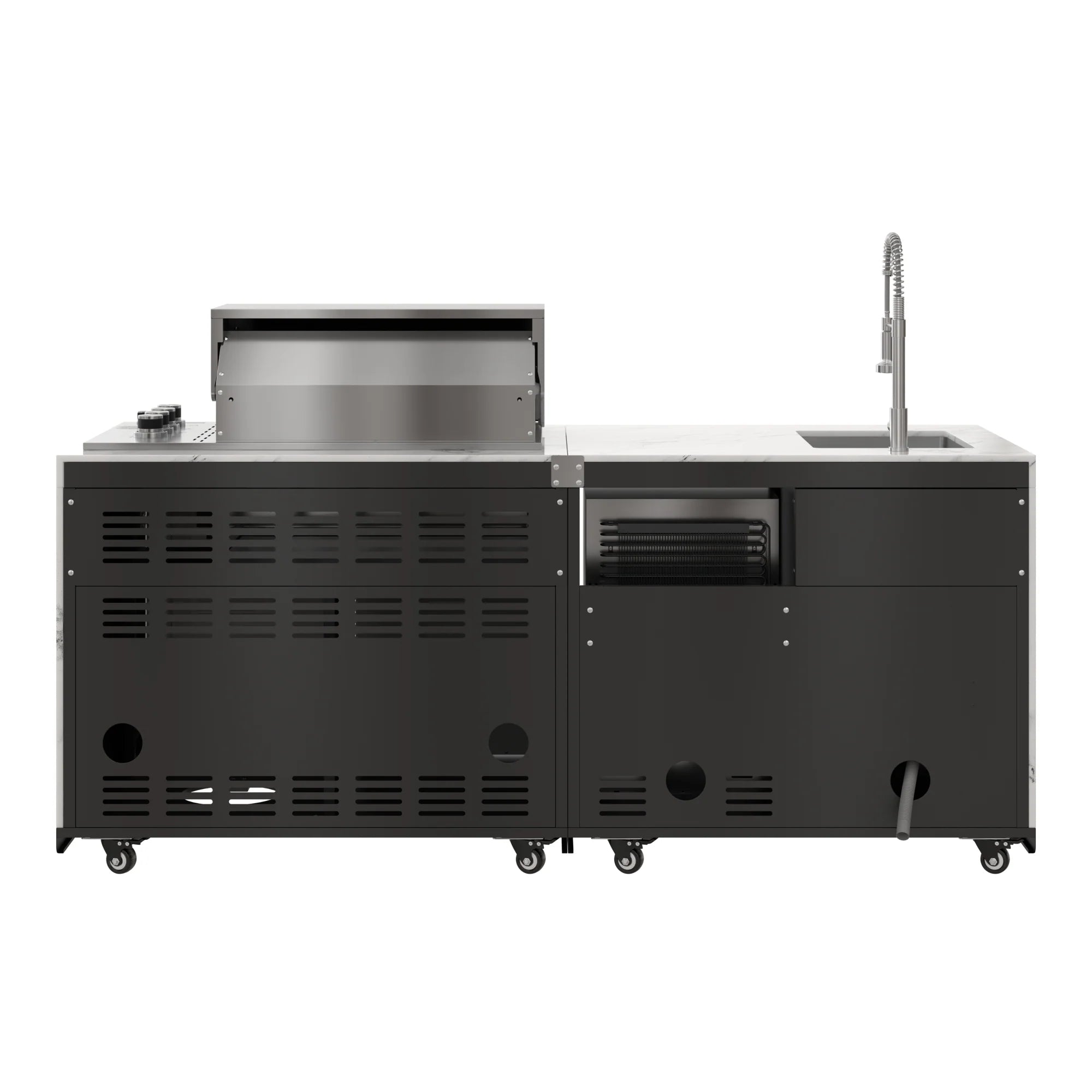 Outdoor Kitchen Suite with White Stone Counters and Sides, 4-Burner Grill, Stainless Steel Sink and Faucet, 83 In.
