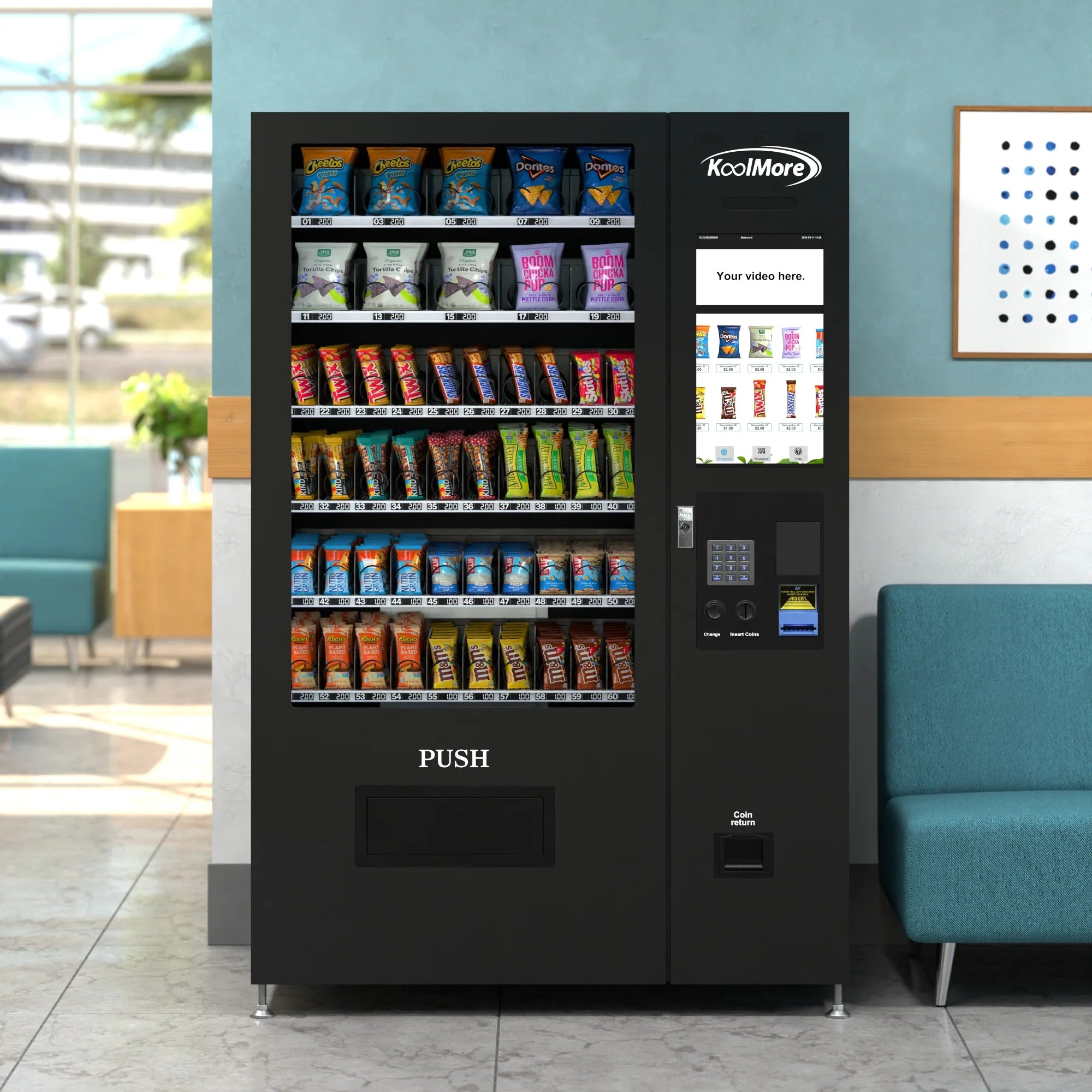 60-Slot Snack Vending Machine with 22-inch Touch Screen in Black, Non-Refrigerated., 50 In.