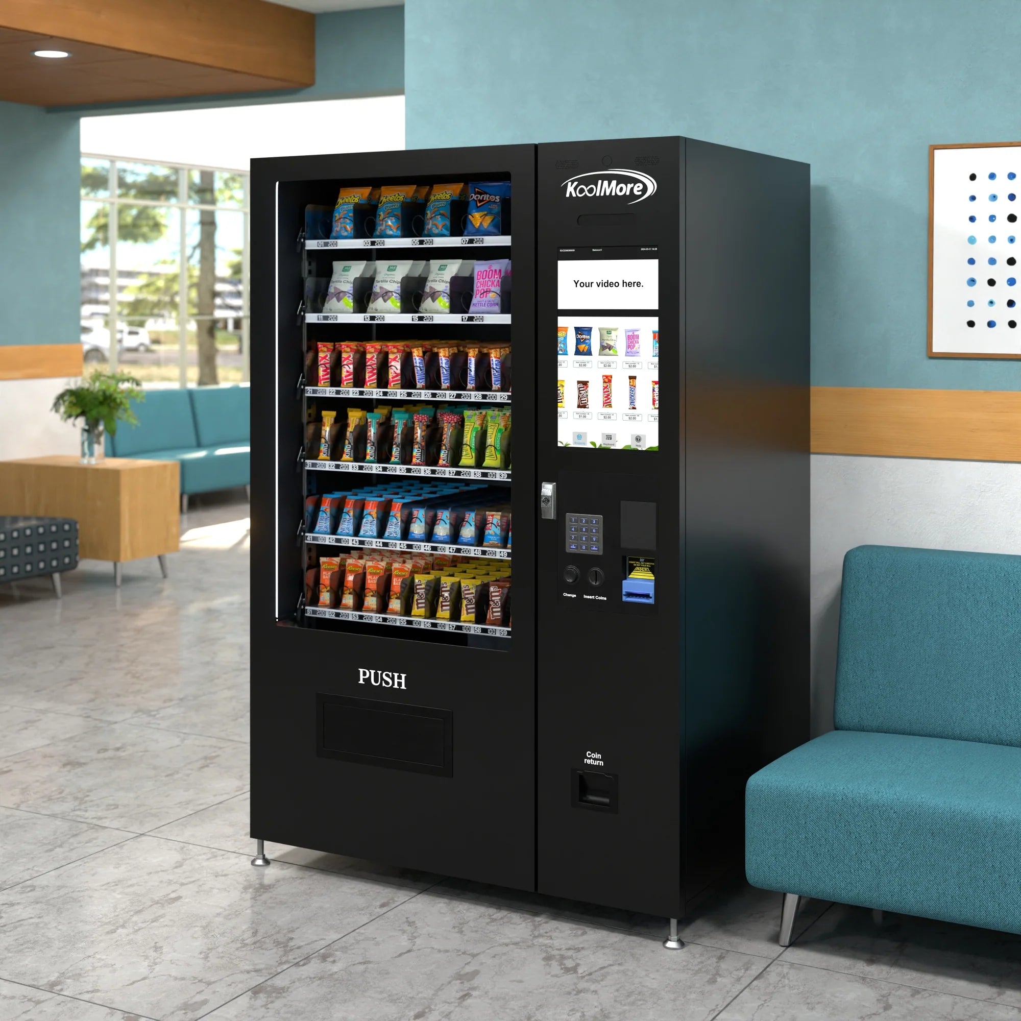 60-Slot Snack Vending Machine with 22-inch Touch Screen in Black, Non-Refrigerated., 50 In.