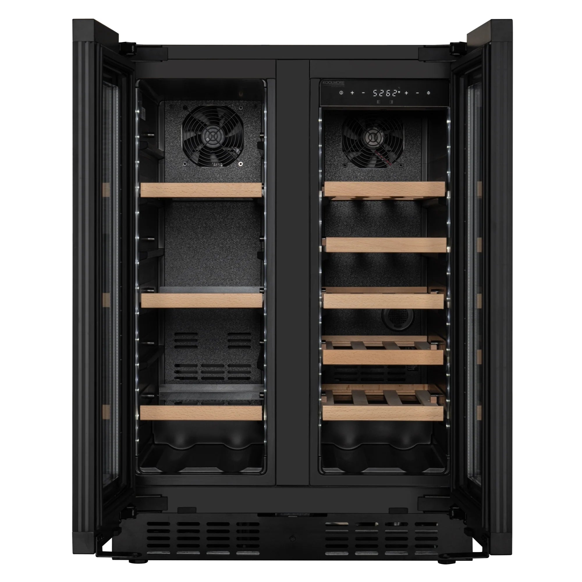 KoolMore Reserve 24 in. French Door Dual Zone Panel Ready Under-Counter Cooler with Wooden Shelves and 20 Bottle Capacity in the Right Zone and 2.1 Cu. Ft. on the Left in Black