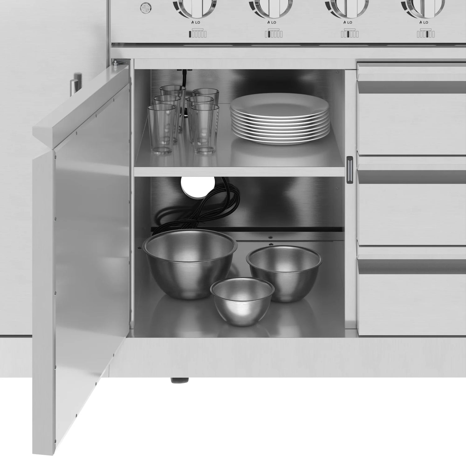 KoolMore Reserve Outdoor Kitchen Island with 6 Burner Grill and Side Burner, Sink, Storage Cabinet and Beverage Refrigerator in Stainless-Steel