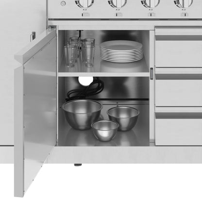 KoolMore Reserve Outdoor Kitchen Island with 6 Burner Grill and Side Burner, Sink, Storage Cabinet and Beverage Refrigerator in Stainless-Steel
