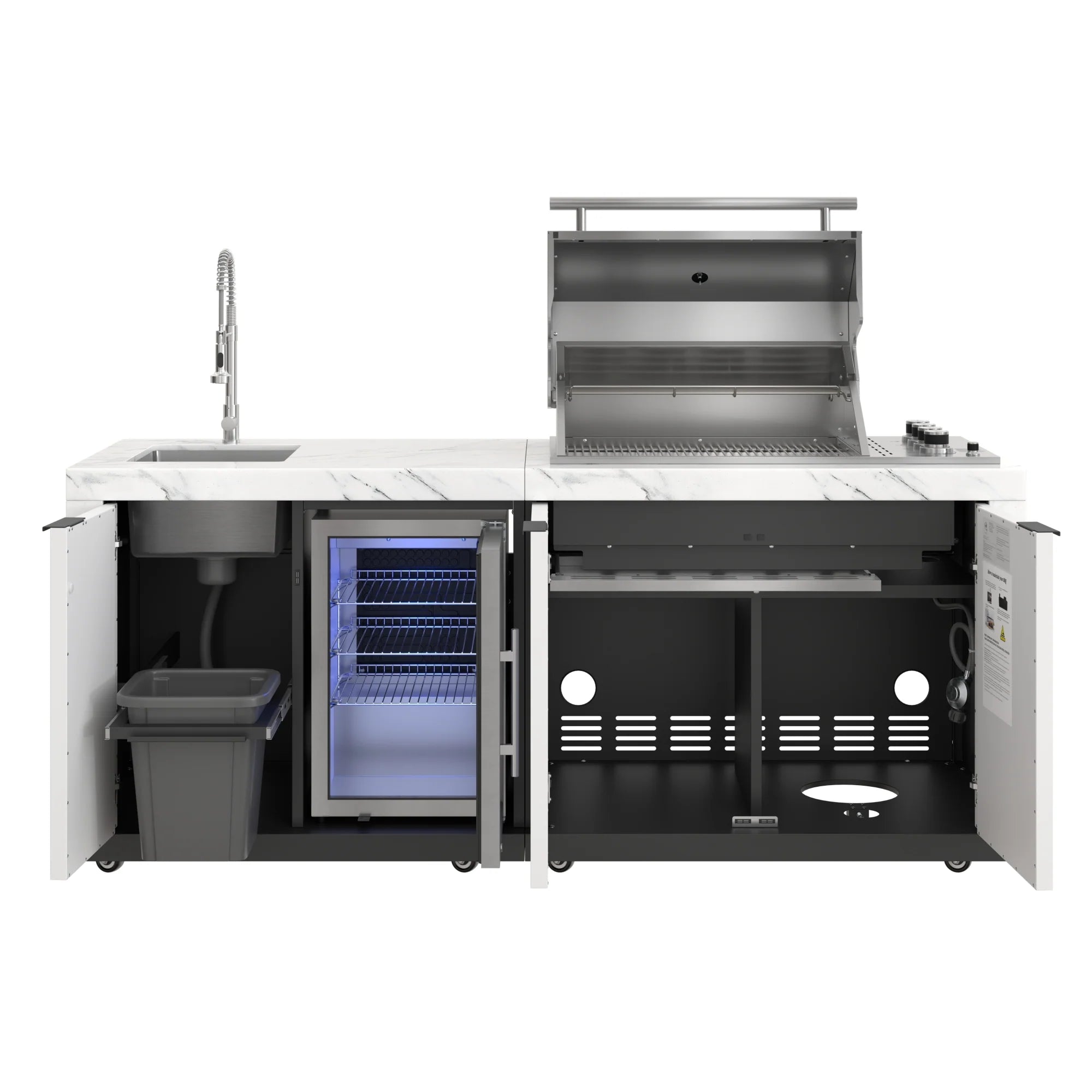 Outdoor Kitchen Suite with White Stone Counters and Sides, 4-Burner Grill, Stainless Steel Sink and Faucet, 83 In.