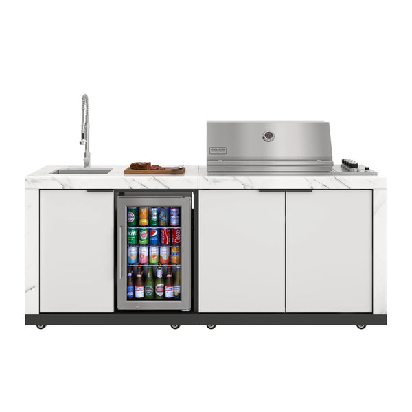 Outdoor Kitchen Suite with White Stone Counters and Sides, 4-Burner Grill, Stainless Steel Sink and Faucet, 83 In.