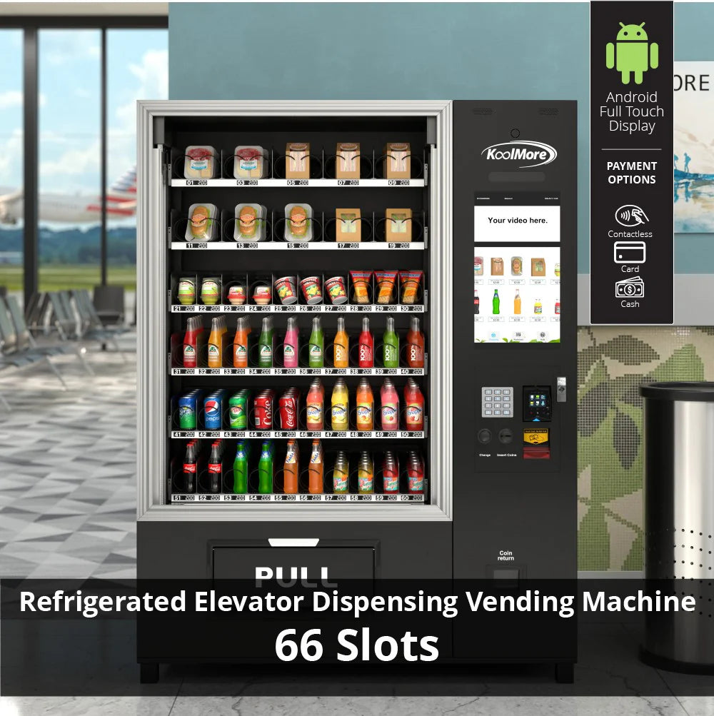 Snack Vending Machine with 21.5 Inch Touch Display, 66 Slots and Elevator-Lift Dispensing System, Refrigerated, Bill Acceptor and Credit Card Reader, Wifi and 4G Connectivity in Black