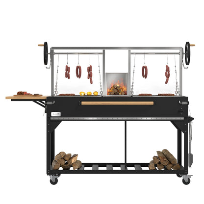 Argentine Santa Maria Charcoal and Wood Grill, Adjustable Outdoor BBQ, in Black, 92 In.