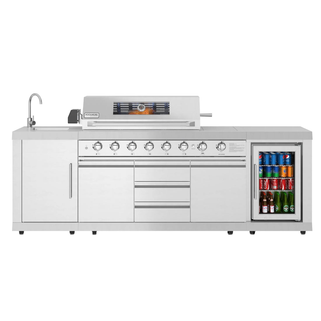 KoolMore Reserve Outdoor Kitchen Island with 6 Burner Grill and Side Burner, Sink, Storage Cabinet and Beverage Refrigerator in Stainless-Steel