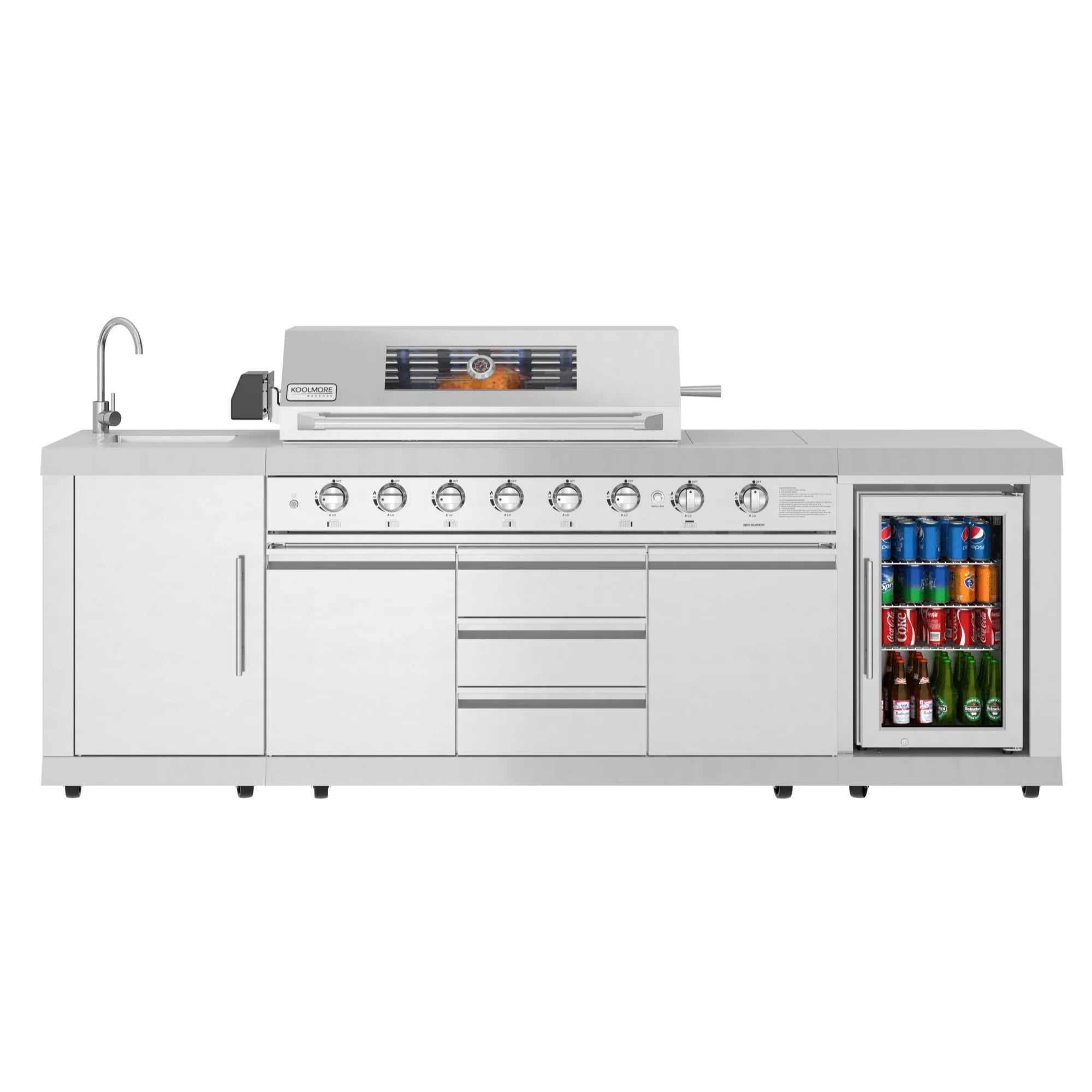 KoolMore Reserve Outdoor Kitchen Island with 6 Burner Grill and Side Burner, Sink, Storage Cabinet and Beverage Refrigerator in Stainless-Steel