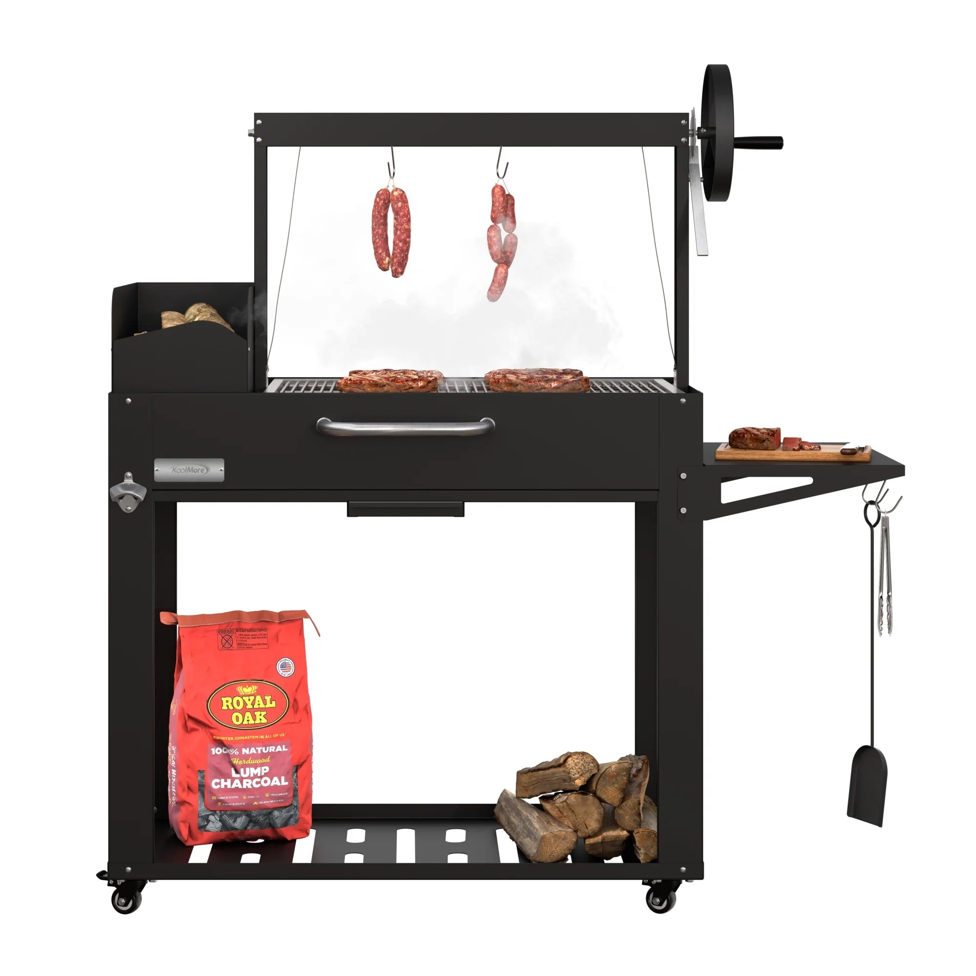 Argentine Charcoal Grill, Adjustable Grate Outdoor BBQ, in Black, 54 In.