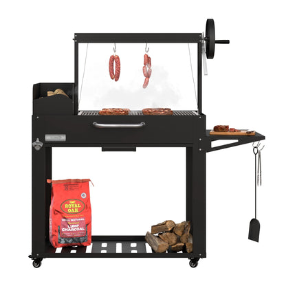 Argentine Charcoal Grill, Adjustable Grate Outdoor BBQ, in Black, 54 In.