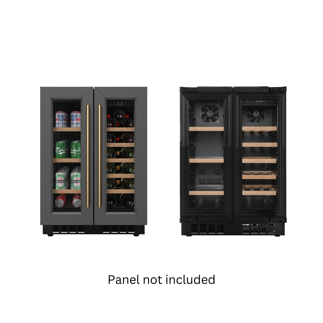 KoolMore Reserve 24 in. French Door Dual Zone Panel Ready Under-Counter Cooler with Wooden Shelves and 20 Bottle Capacity in the Right Zone and 2.1 Cu. Ft. on the Left in Black