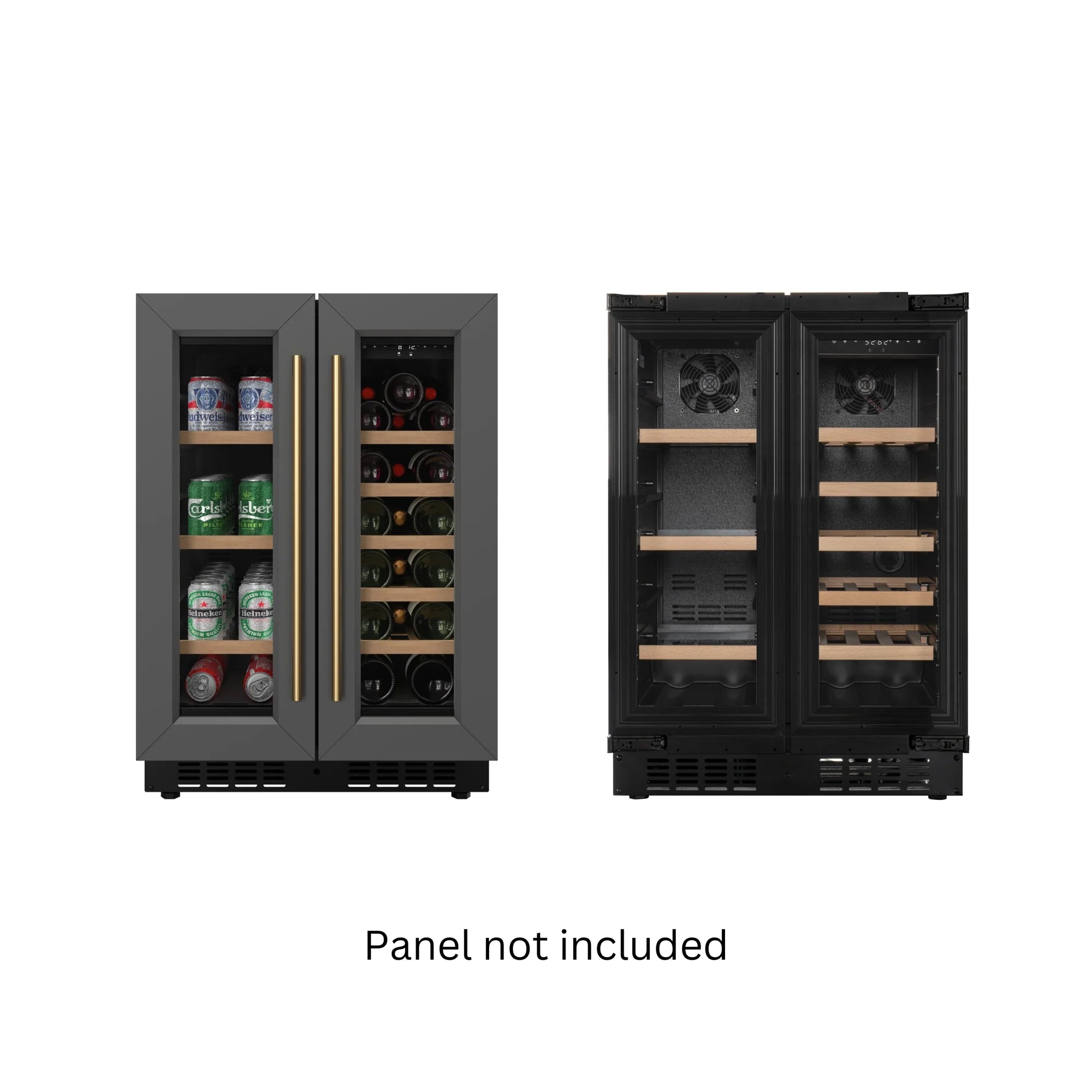 KoolMore Reserve 24 in. French Door Dual Zone Panel Ready Under-Counter Cooler with Wooden Shelves and 20 Bottle Capacity in the Right Zone and 2.1 Cu. Ft. on the Left in Black