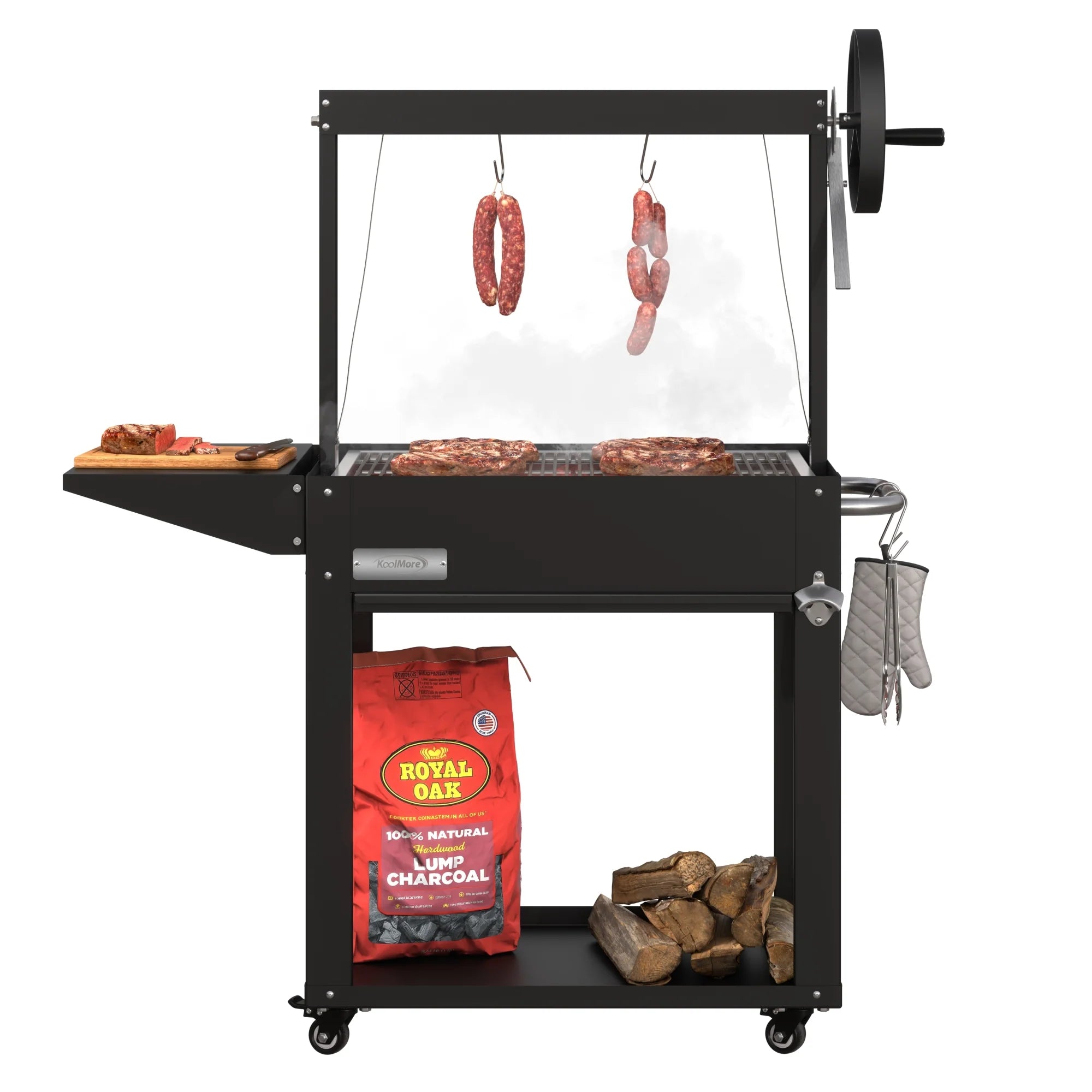 Argentine Charcoal Grill, Adjustable Grate Outdoor BBQ, in Black, 50 In.