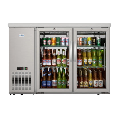 Commercial Two Glass Door Back Bar Cooler Refrigerator with Side Condenser and Compressor, LED Lighting, 11 Cu. Ft Capacity, 47 In.