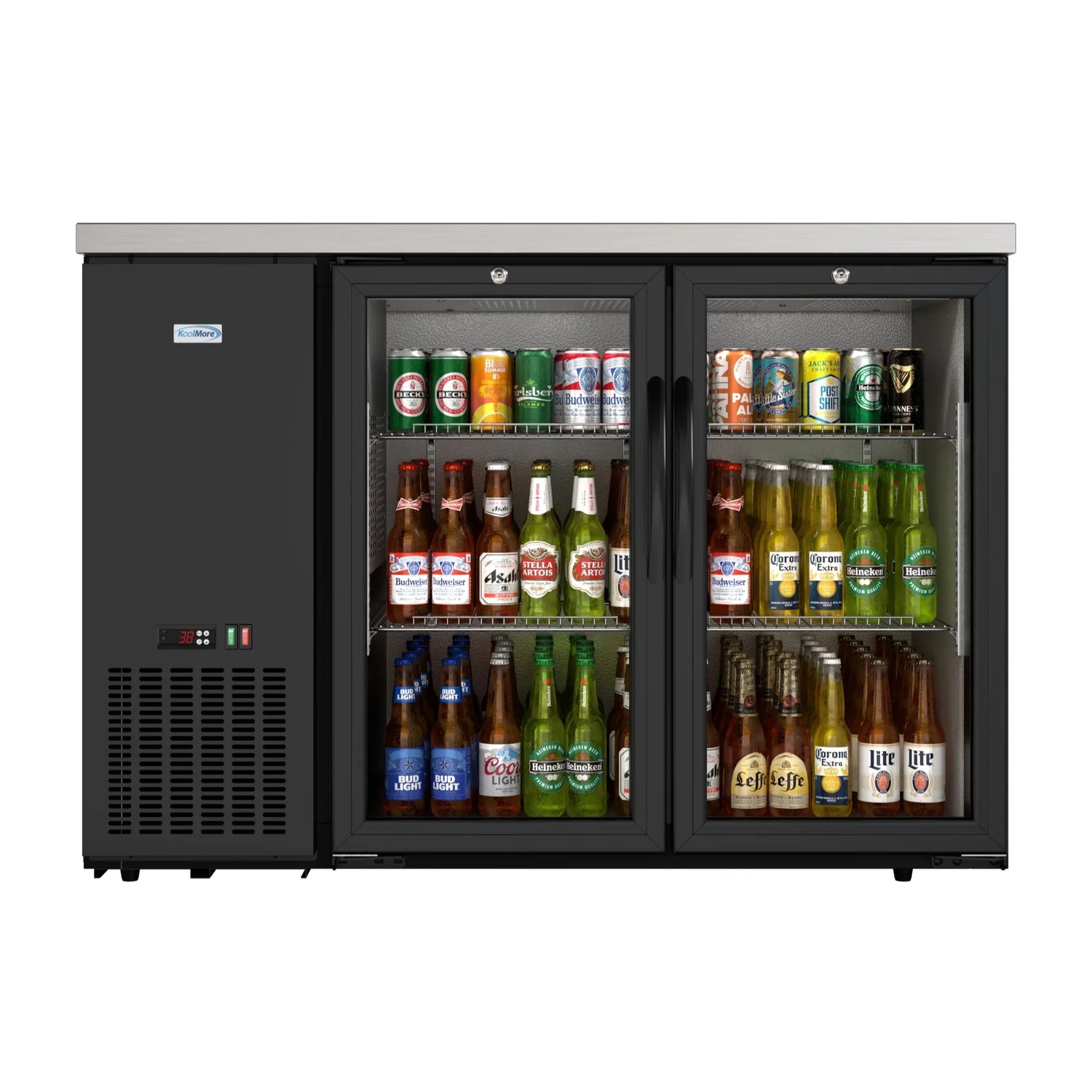 Commercial Two Glass Door Back Bar Cooler Refrigerator with Side Condenser and Compressor, LED Lighting, 11 Cu. Ft Capacity, 47 In.