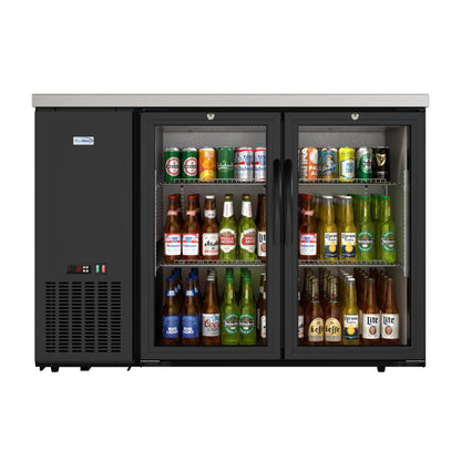 Commercial Two Glass Door Back Bar Cooler Refrigerator with Side Condenser and Compressor, LED Lighting, 11 Cu. Ft Capacity, 47 In.