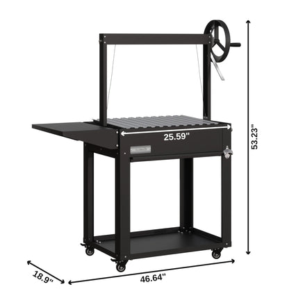Argentine Charcoal Grill with Interchangeable V-Grates, Outdoor BBQ, in Black, 50 In.
