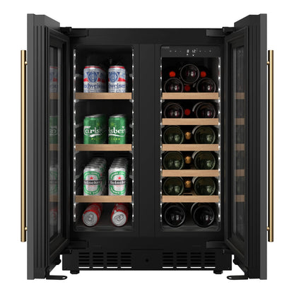 KoolMore Reserve 24 in. French Door Dual Zone Panel Ready Under-Counter Cooler with Wooden Shelves and 20 Bottle Capacity in the Right Zone and 2.1 Cu. Ft. on the Left in Black