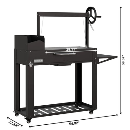Argentine Charcoal Grill, Adjustable Grate Outdoor BBQ, in Black, 54 In.