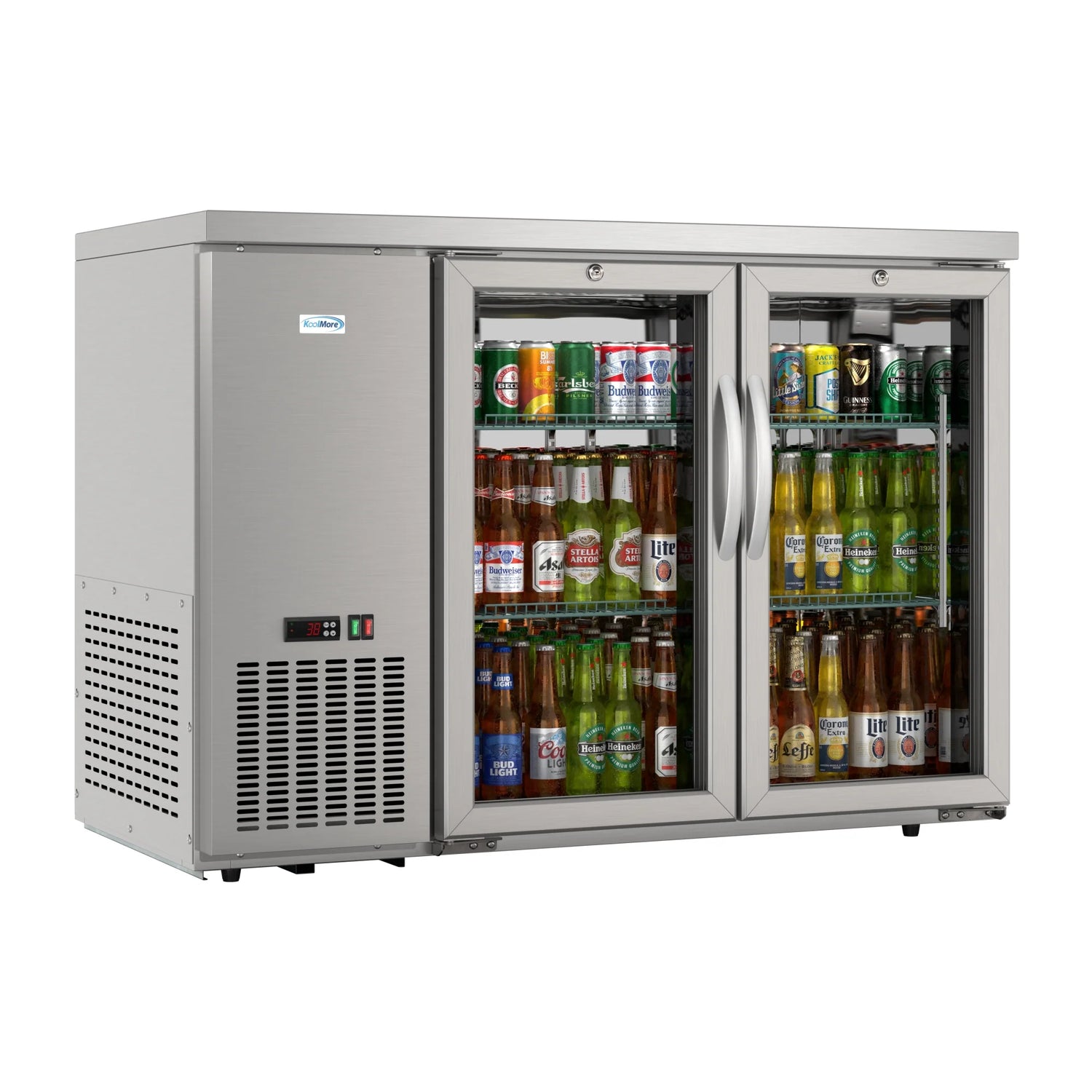 Commercial Two Glass Door Back Bar Cooler Refrigerator with Side Condenser and Compressor, LED Lighting, 11 Cu. Ft Capacity, 47 In.