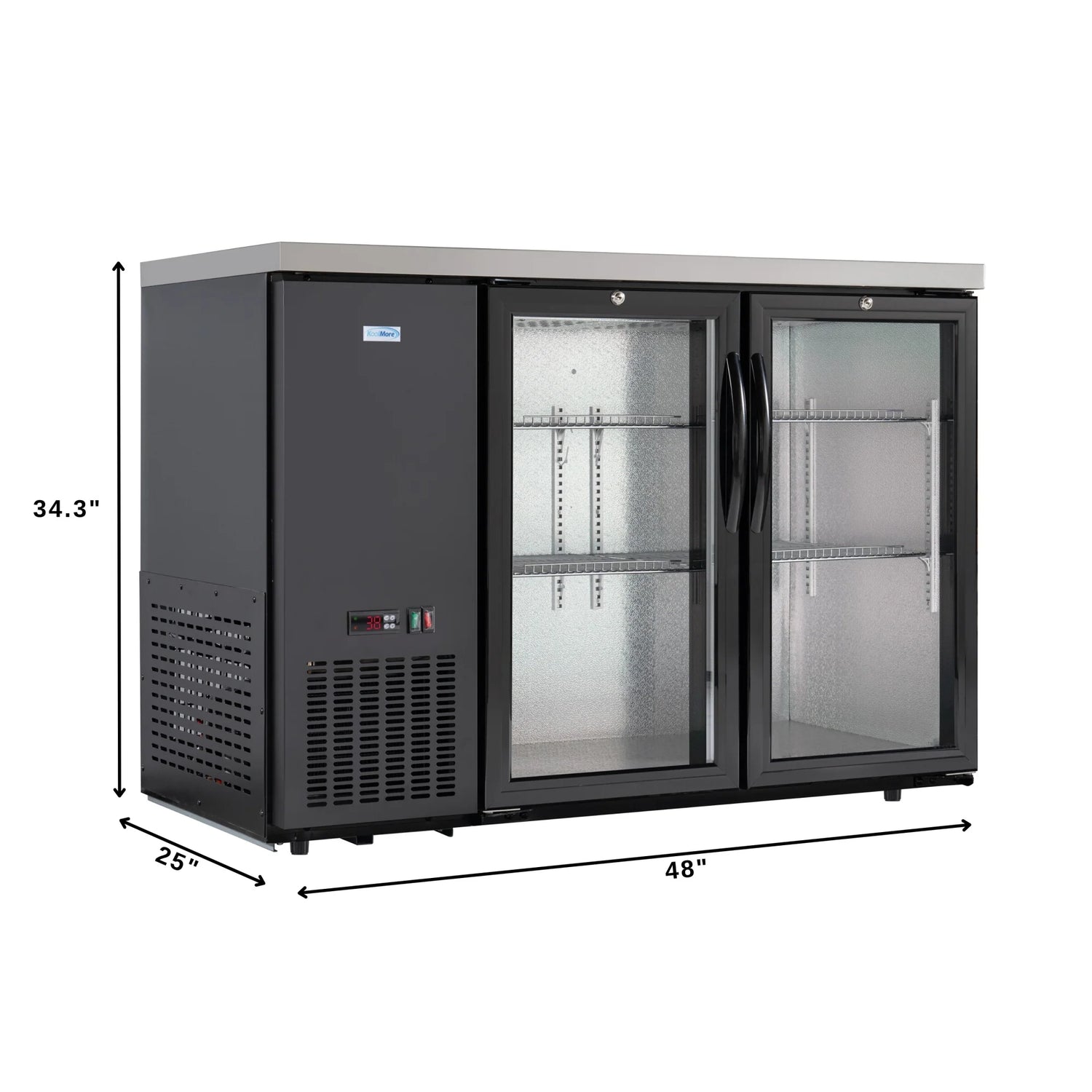 Commercial Two Glass Door Back Bar Cooler Refrigerator with Side Condenser and Compressor, LED Lighting, 11 Cu. Ft Capacity, 47 In.