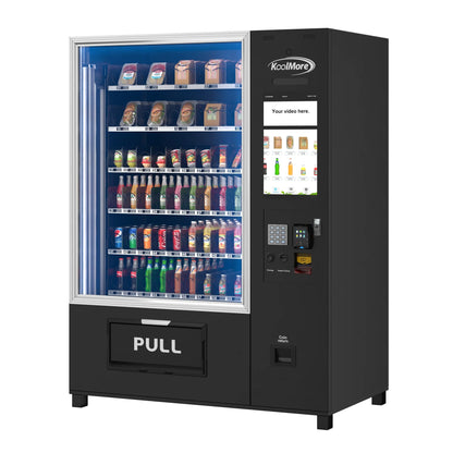 Snack Vending Machine with 21.5 Inch Touch Display, 66 Slots and Elevator-Lift Dispensing System, Refrigerated, Bill Acceptor and Credit Card Reader, Wifi and 4G Connectivity in Black