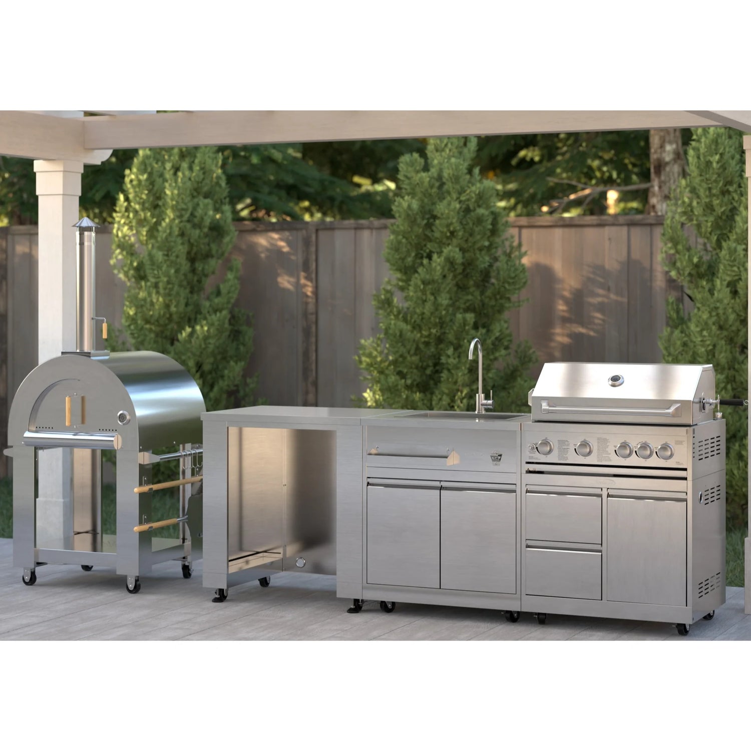 KoolMore Outdoor Kitchen Series Modular Kitchen with a Dual Fuel Pizza Oven, Refrigerator and Cabinet, Sink, 30 in. BBQ Grill And Grill Cabinet in Stainless-Steel