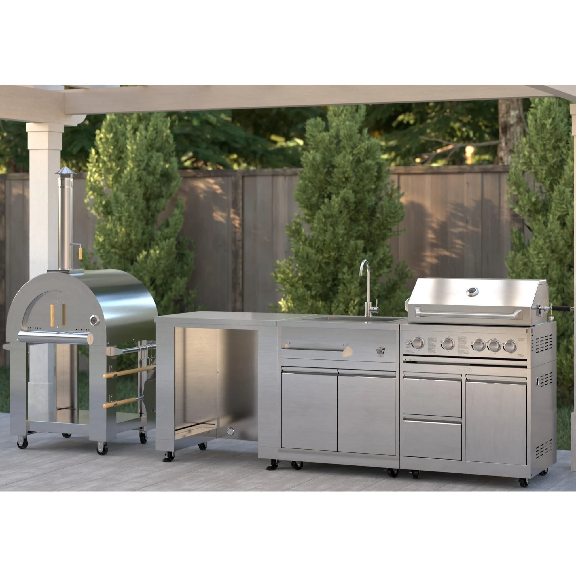 KoolMore Outdoor Kitchen Series Modular Kitchen with a Dual Fuel Pizza Oven, Refrigerator and Cabinet, Sink, 30 in. BBQ Grill And Grill Cabinet in Stainless-Steel