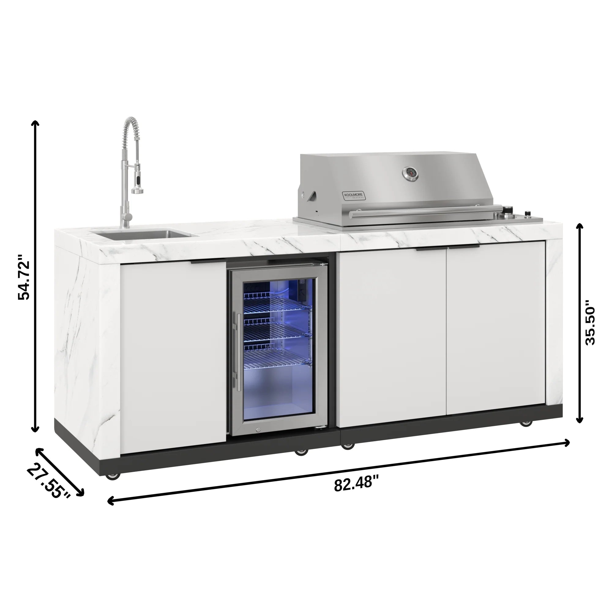 Outdoor Kitchen Suite with White Stone Counters and Sides, 4-Burner Grill, Stainless Steel Sink and Faucet, 83 In.