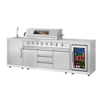 KoolMore Reserve Outdoor Kitchen Island with 6 Burner Grill and Side Burner, Sink, Storage Cabinet and Beverage Refrigerator in Stainless-Steel