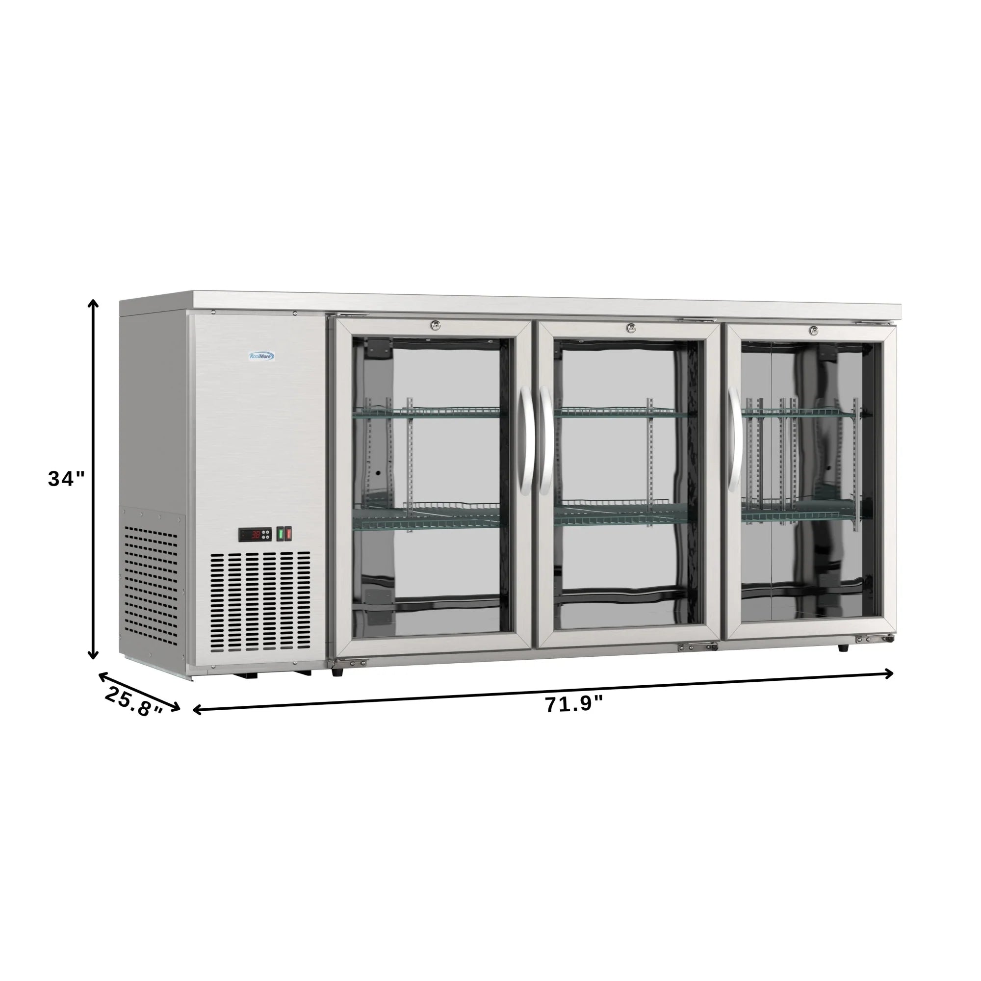 72" 3-Door Back Bar Cooler – 18 Cu. Ft LED Fridge