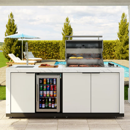 Outdoor Kitchen Suite with White Stone Counters and Sides, 4-Burner Grill, Stainless Steel Sink and Faucet, 83 In.