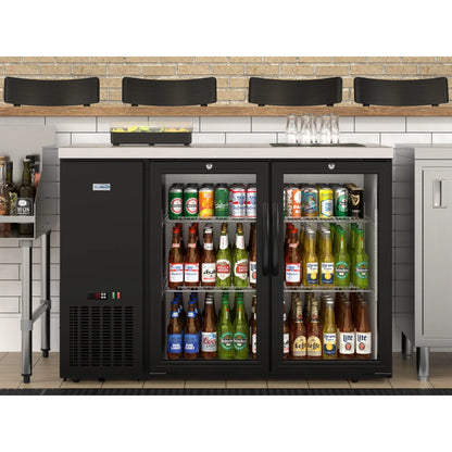Commercial Two Glass Door Back Bar Cooler Refrigerator with Side Condenser and Compressor, LED Lighting, 11 Cu. Ft Capacity, 47 In.