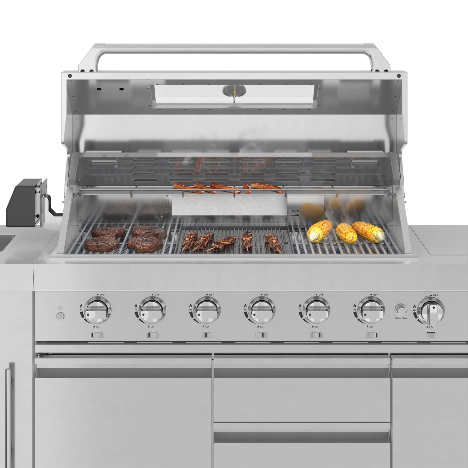 KoolMore Reserve Outdoor Kitchen Island with 6 Burner Grill and Side Burner, Sink, Storage Cabinet and Beverage Refrigerator in Stainless-Steel