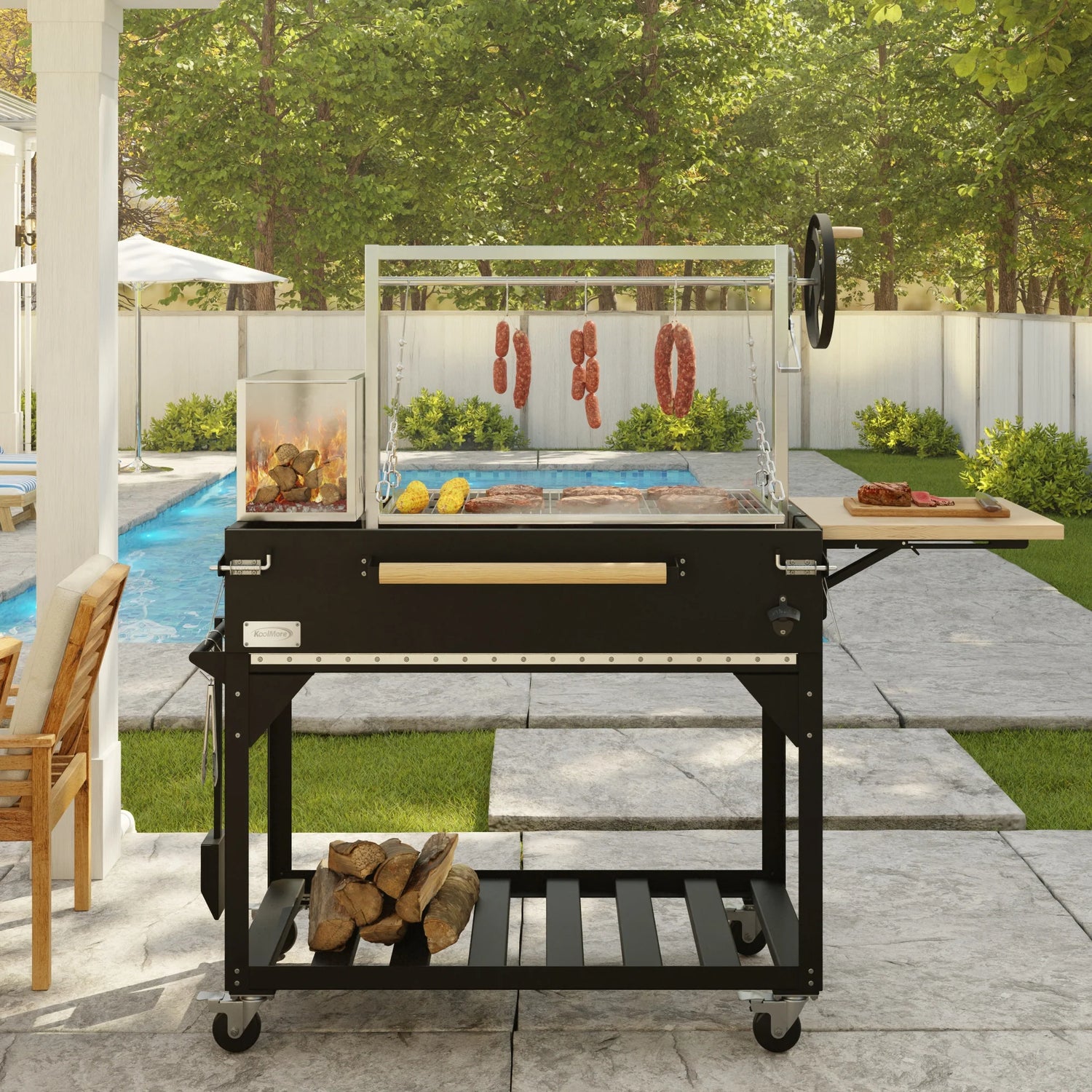 Argentine Santa Maria Charcoal and Wood Grill, Adjustable Outdoor BBQ, in Black, 72 In.