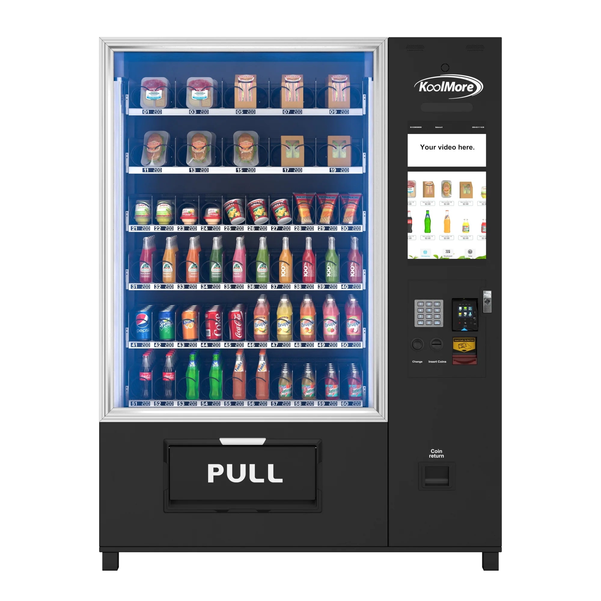 Snack Vending Machine with 21.5 Inch Touch Display, 66 Slots and Elevator-Lift Dispensing System, Refrigerated, Bill Acceptor and Credit Card Reader, Wifi and 4G Connectivity in Black