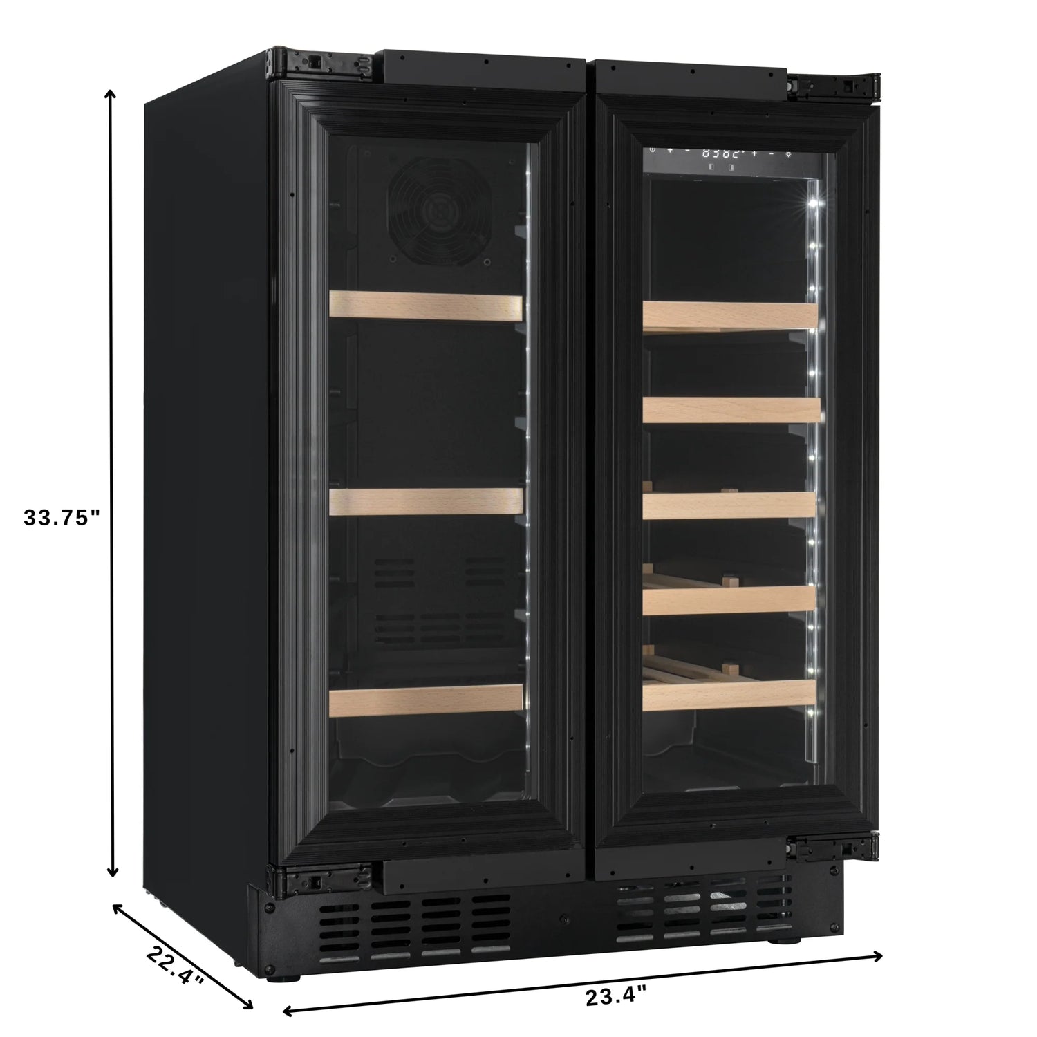 KoolMore Reserve 24 in. French Door Dual Zone Panel Ready Under-Counter Cooler with Wooden Shelves and 20 Bottle Capacity in the Right Zone and 2.1 Cu. Ft. on the Left in Black