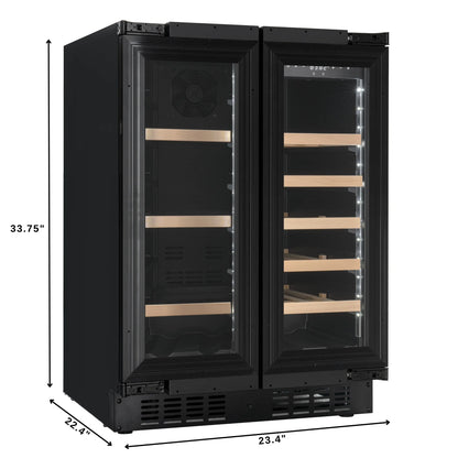 KoolMore Reserve 24 in. French Door Dual Zone Panel Ready Under-Counter Cooler with Wooden Shelves and 20 Bottle Capacity in the Right Zone and 2.1 Cu. Ft. on the Left in Black