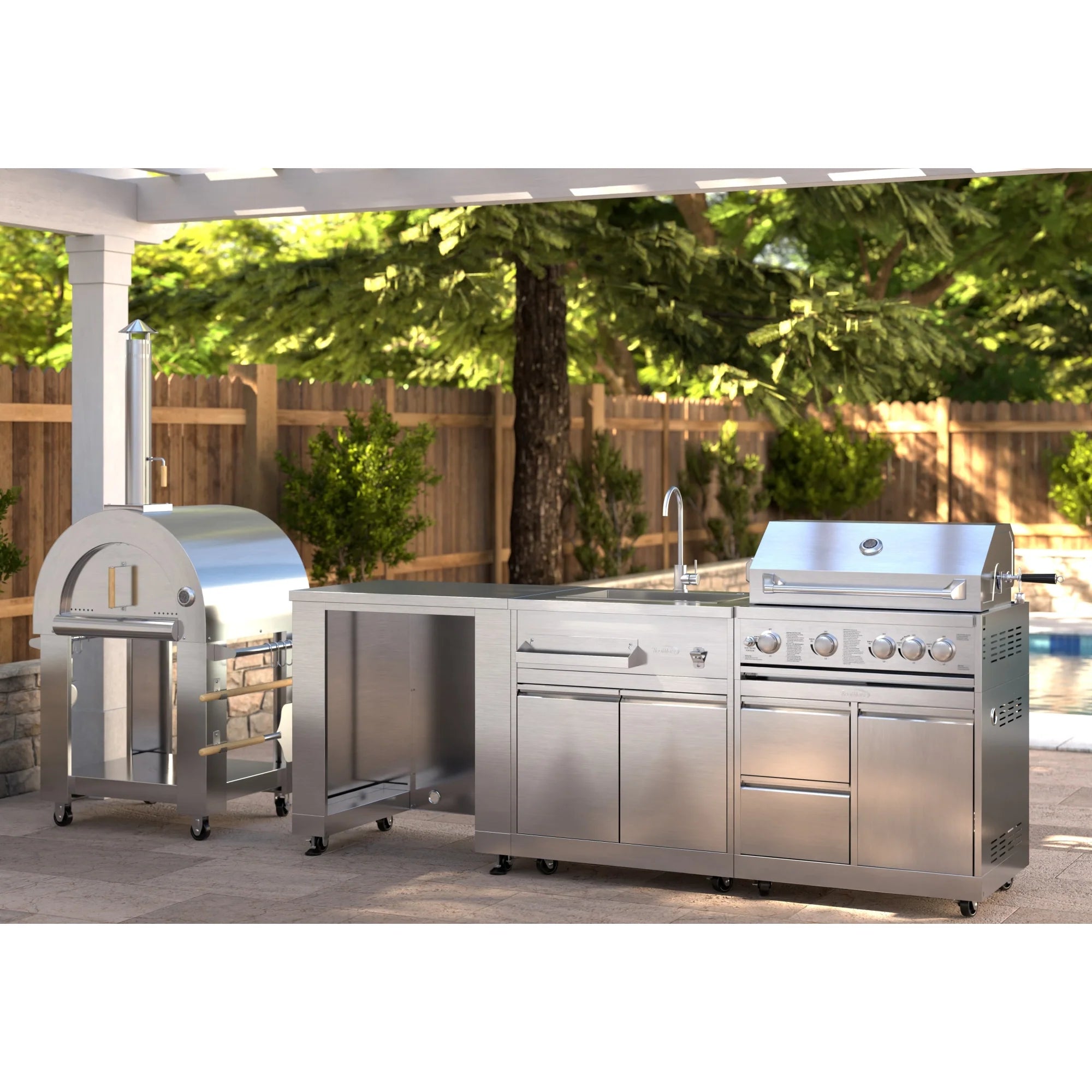 KoolMore Outdoor Kitchen Series Modular Kitchen with a Dual Fuel Pizza Oven, Refrigerator and Cabinet, Sink, 30 in. BBQ Grill And Grill Cabinet in Stainless-Steel