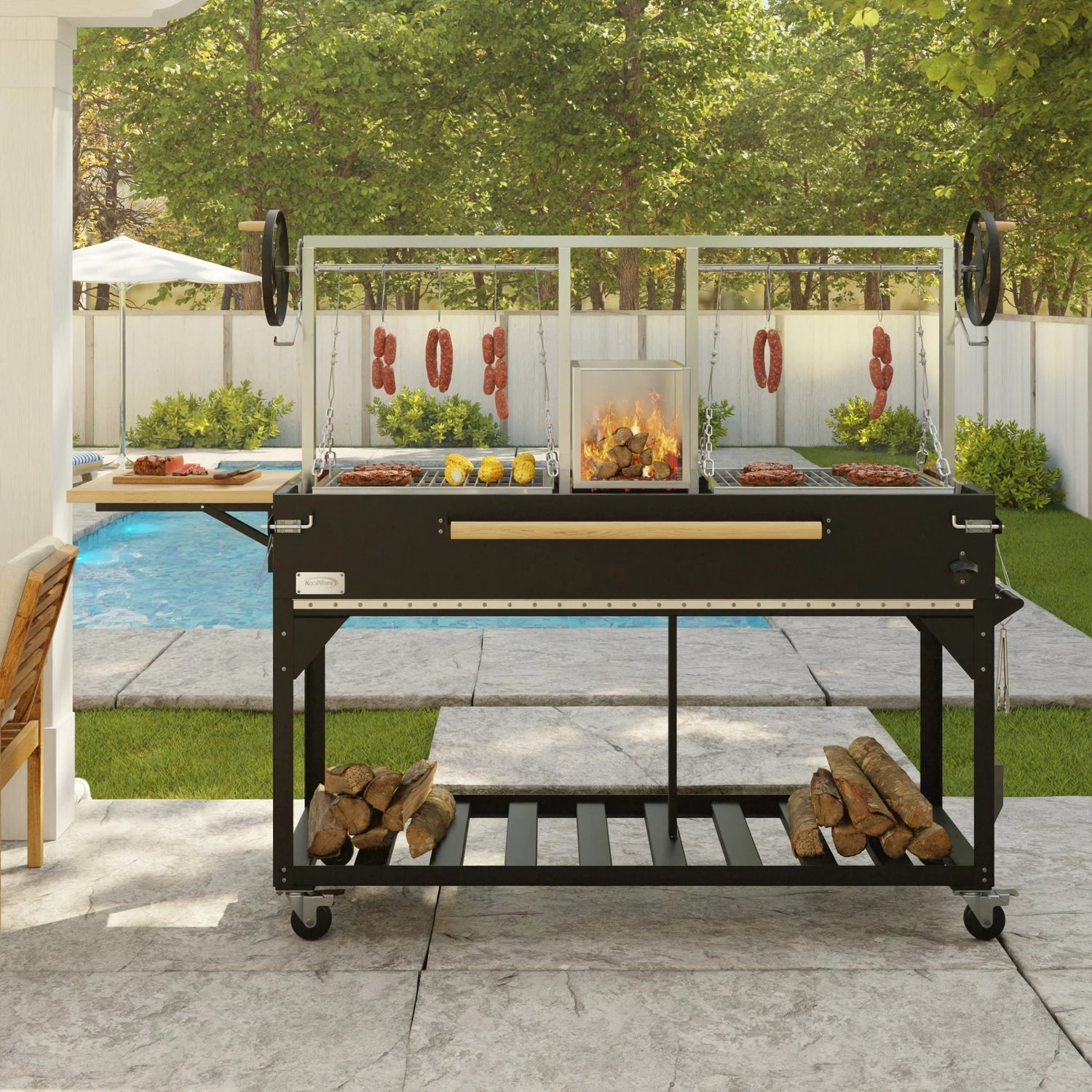 Argentine Santa Maria Charcoal and Wood Grill, Adjustable Outdoor BBQ, in Black, 92 In.